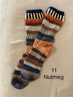 Solmate Socks Nutmeg, Navy & Cream Patterned Crew Socks